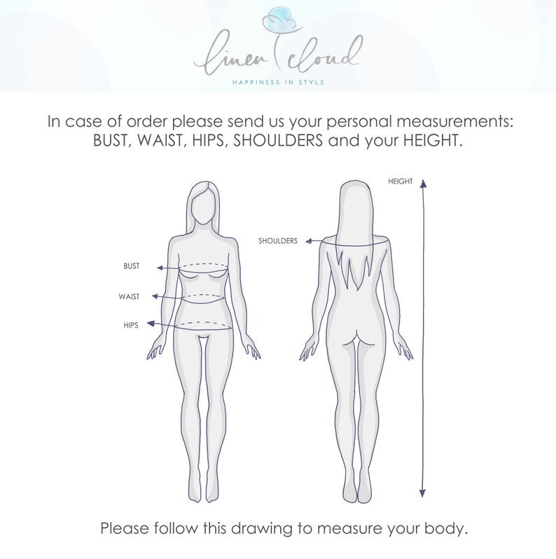May include: Line drawing illustration showing how to measure bust, waist, hips, shoulders, and height. The illustration shows a person standing with measurements marked on their body.