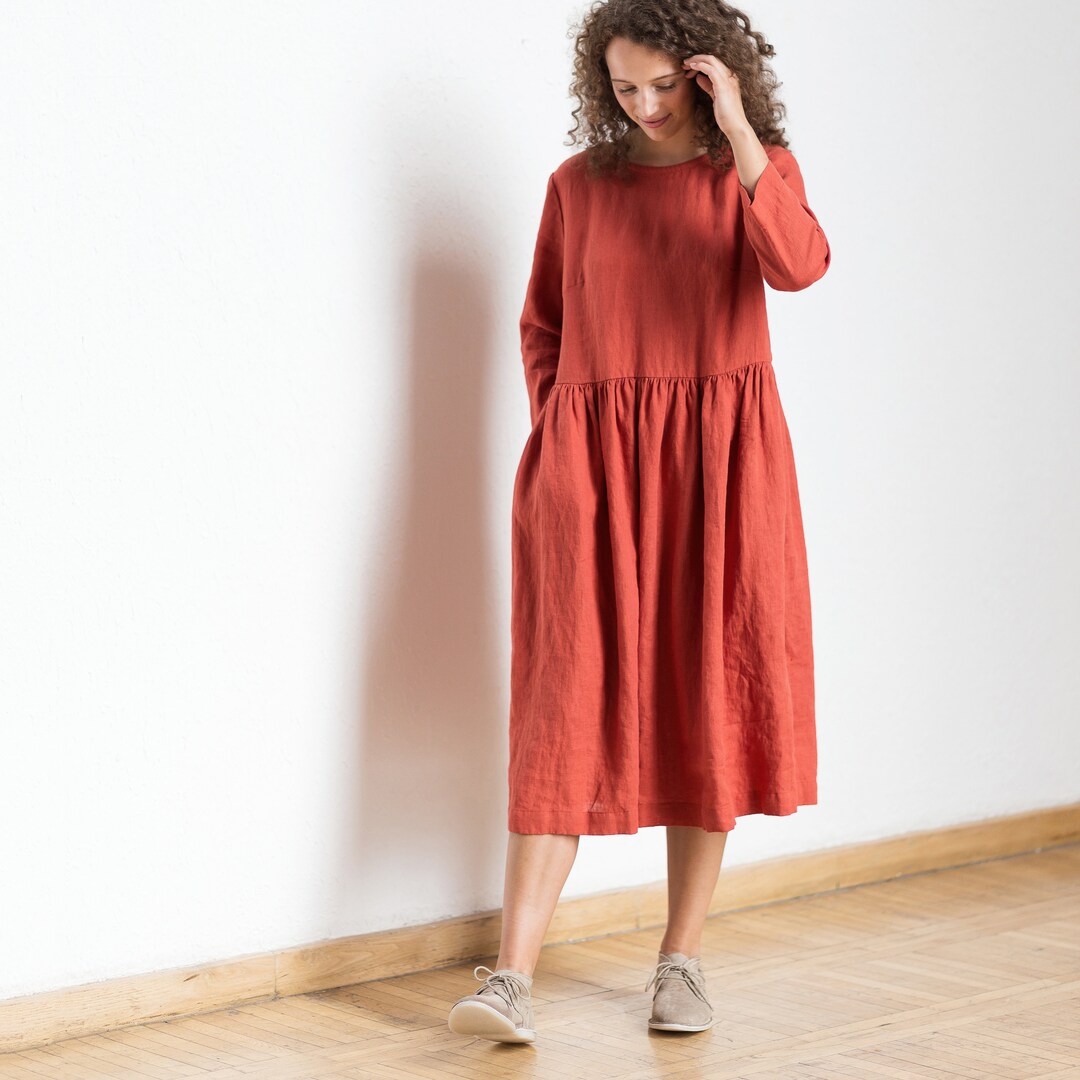 Smock Linen Dress Layla / Washed Linen Dress With Pockets and - Etsy