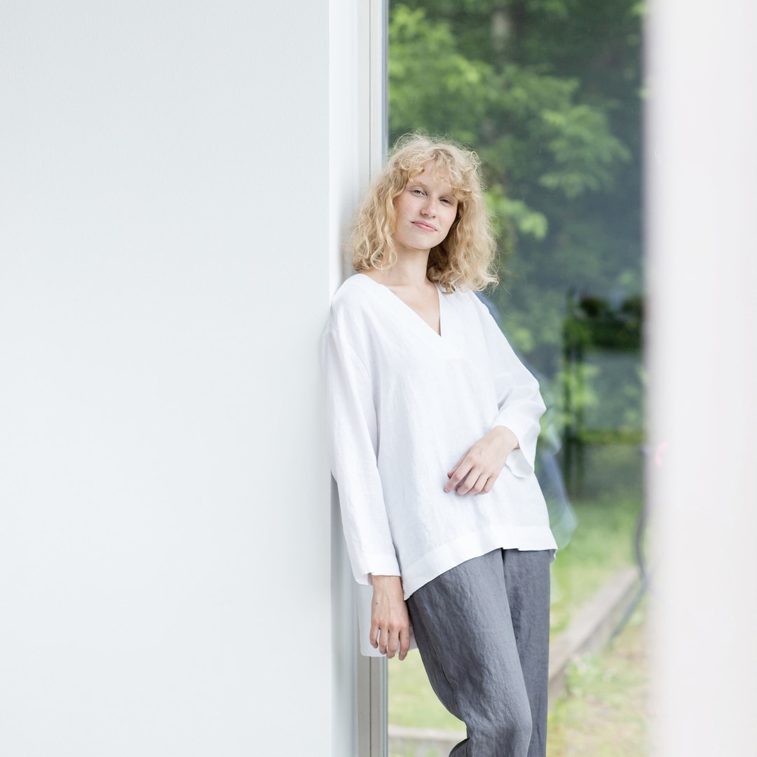 Natural Linen Top / Linen Shirt in V Neck / Washed Linen Blouse - Etsy