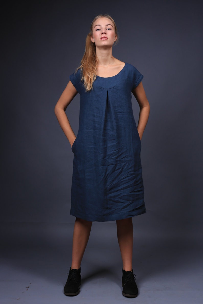 Linen dress, Washed linen dress with pockets, Linen dress with decoration image 2