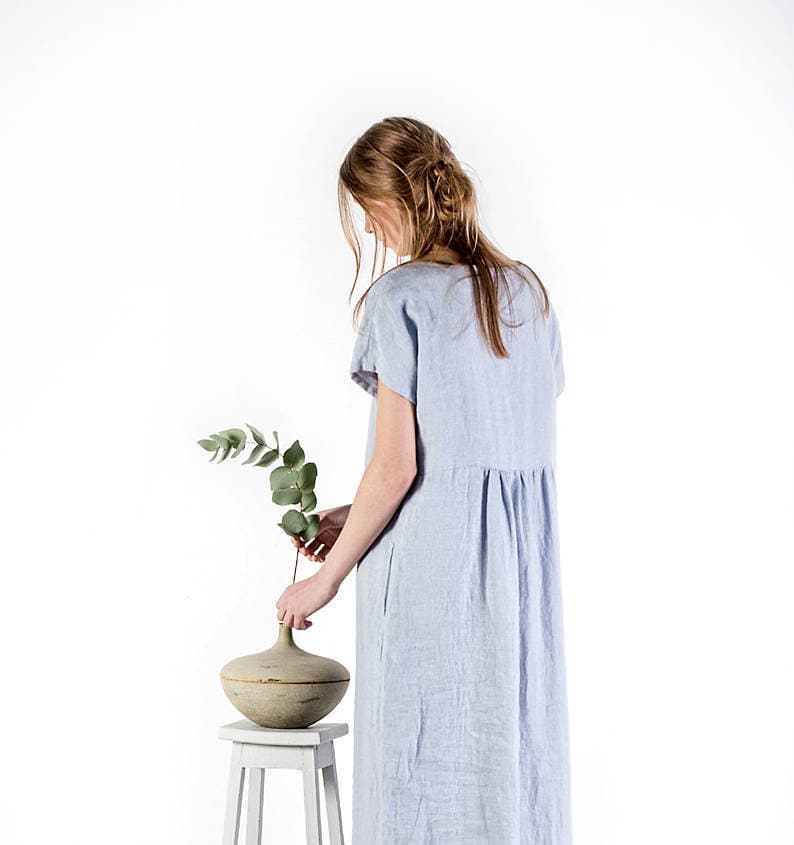 Smock linen dress / Midi linen dress / Linen sleeveless dress in