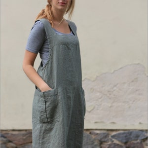 Linen work square cross apron, Linen apron, Linen apron dress image 3