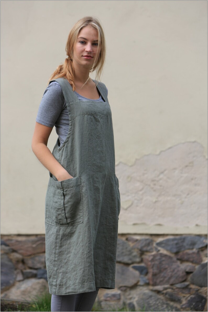 Linen work square cross apron, Linen apron, Linen apron dress image 3