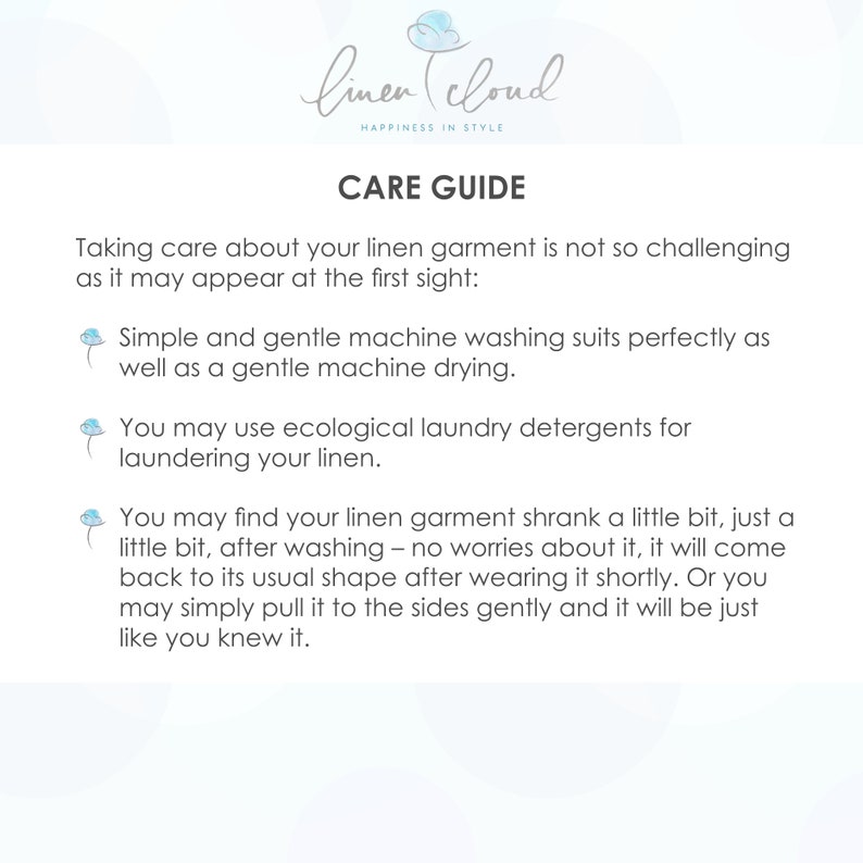 May include: A white background with the text "linen cloud HAPPINESS IN STYLE" at the top. Below, the text "CARE GUIDE" is displayed. The guide offers tips on linen garment care, including machine washing, drying, and using ecological detergents.