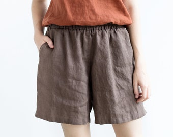 Pantalones cortos de lino / Pantalones cortos de lino de cintura alta / Pantalones cortos de lino holgados / Disponible en 38 colores