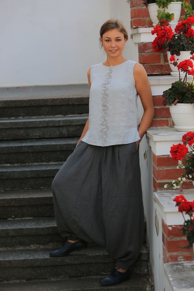 Linen pants / Linen harem pants / Loose linen trousers / Linen pants with elastic waist and pocket image 4