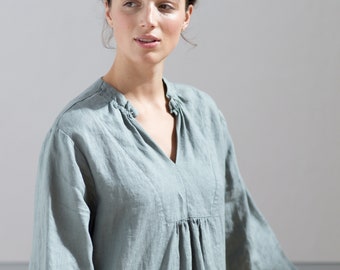 Decorated Front Linen Top, Linen tunic, Linen shirt, Linen blouse