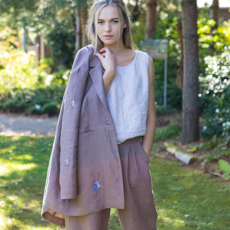 Chaqueta de lino con mariposas bordadas / Blazer de traje de lino / Chaqueta de lino pesada con bolsillos / Abrigo de lino imagen 2