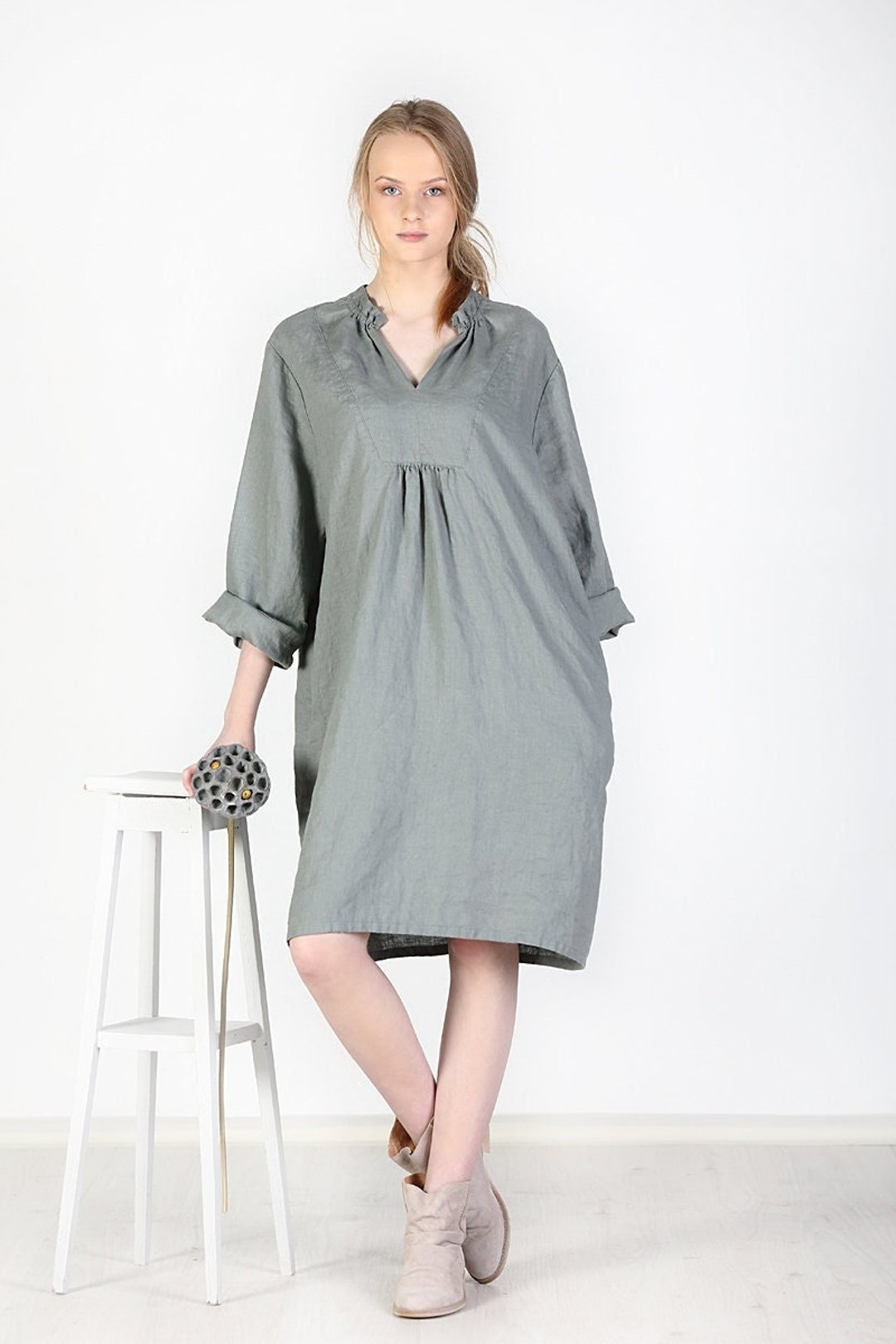 Loose Fitted Linen Dress Linen Dress V Neck Linen Dress Etsy