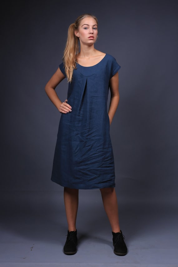 Linen dress, Washed linen dress with pockets, Linen dress with decoration