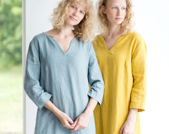 Linen dress / Summer linen dress / V neck linen dress / Linen dress available in 40 colors