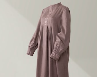 Linen Funeral Dress for the Deceased / Embroidery Funeral Linen Dress / Burial Linen Dress / Linen burial gown in wood brown