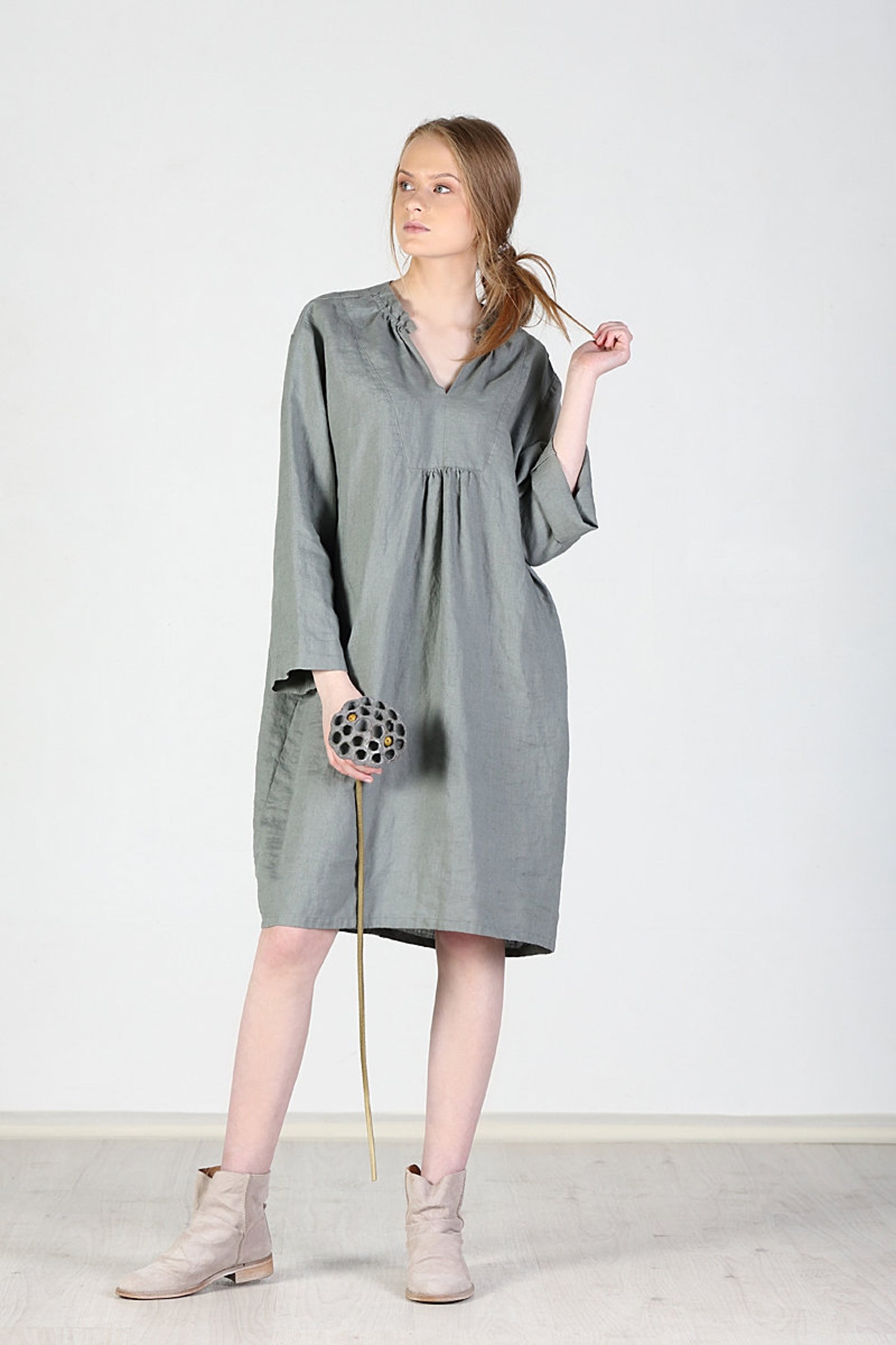 Loose Fitted Linen Dress Linen Dress V Neck Linen Dress Etsy