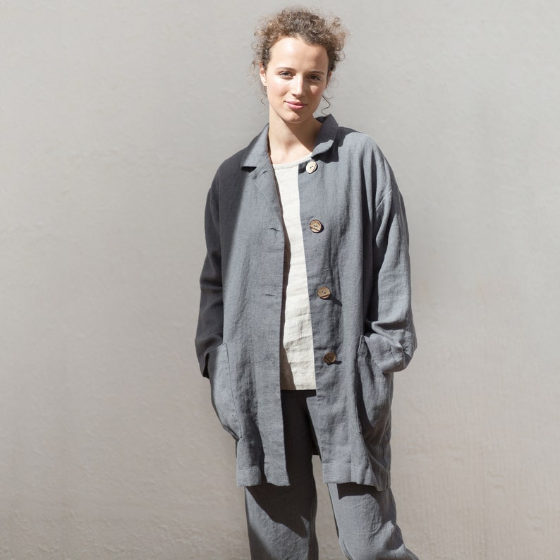 Heavy weight linen jacket with deep pockets Nora, Linen coat, Fall linen coat image 6