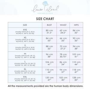 May include: Size chart for clothing with measurements in inches and centimeters. The chart shows bust, waist, and hip measurements for sizes XXS to XXL.