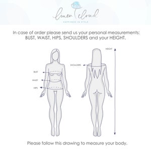 May include: A diagram illustrating body measurements for custom clothing orders. The image includes two stylized figures, front and back views, with labels for bust, waist, hips, shoulders, and height. The text reads, "In case of order please send us your personal measurements."