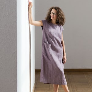Linen dress / Linen dress in dusty purple / Linen sundress / Long linen dress / Loose fitted linen dress with pocket image 1