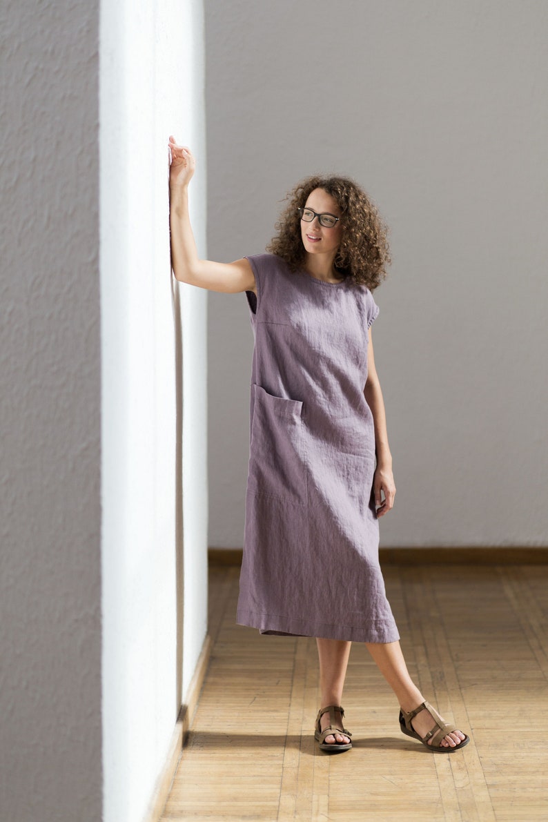 Linen dress / Linen dress in dusty purple / Linen sundress / Long linen dress / Loose fitted linen dress with pocket image 1