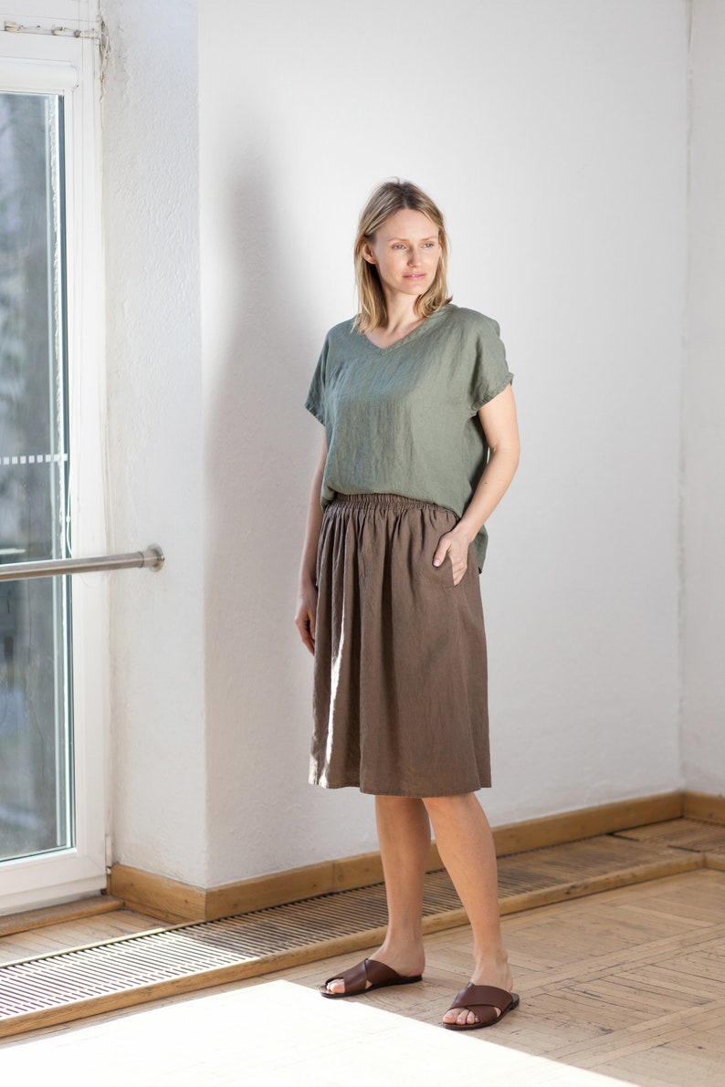 Linen skirt / Midi linen skirt / Ruffle linen skirt with pockets / Womens skirts / Knee length linen skirt image 1