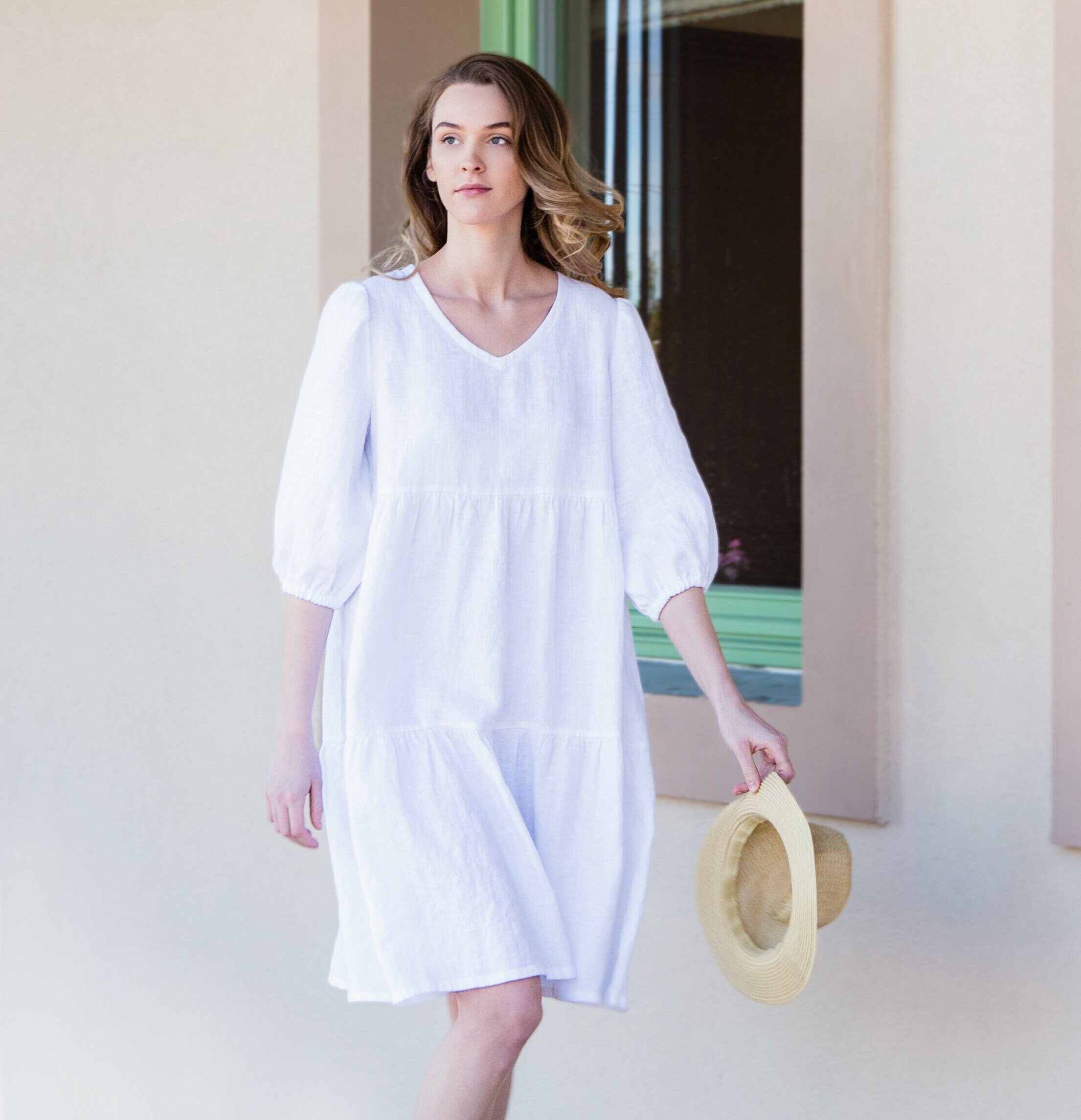 Linen loose fit V-neck puffy sleeve dress – OffOn