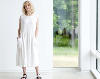 Linen dress / Linen dress with deep pockets / Maxi linen dress / Smock linen dress