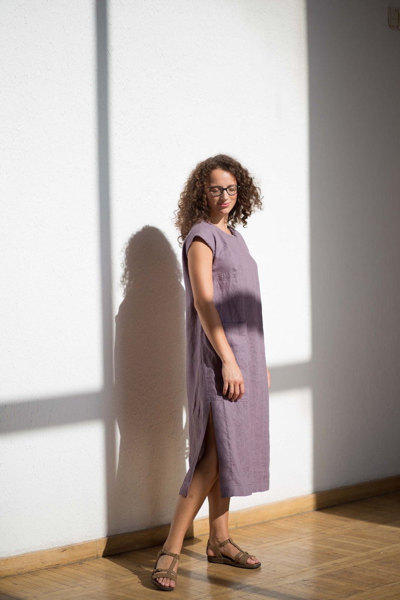 Linen dress / Linen dress in dusty purple / Linen sundress / Long linen dress / Loose fitted linen dress with pocket image 2