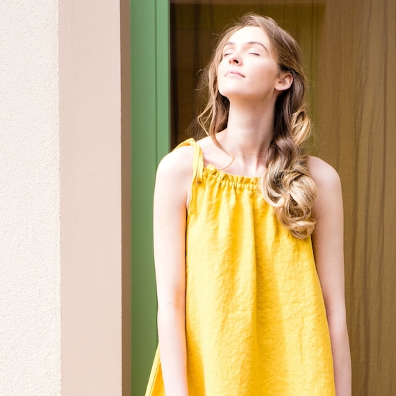 Ruffle Linen Dress in Maxi Lenght / Relaxed Fit Linen Dress with Spaghetti Strap / Maxi Linen Dress