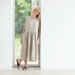 Leinenkleid/ Smock stil Leinenkleid / Smok Leinenkleid in MAXI Länge / Sommerkleid aus gewaschenem Leinen / Ärmelloses Sommerkleid aus Leinen