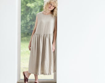 Linen dress/ Smock style linen dress / Smock linen dress in MAXI length / Washed linen summer dress / Sleeveless linen summer dress