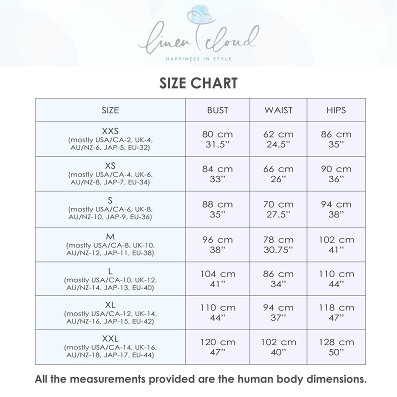 May include: Size chart for clothing with measurements in inches and centimeters. The chart shows bust, waist, and hip measurements for sizes XXS to XXL.