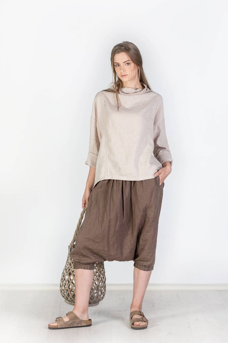 Women's high neck top/ Washed and soft linen top/ Natural linen blouse/ Loose linen blouse image 1