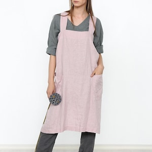 Linen Pinafore apron, Square Cross Linen Apron, Linen tunic apron, Work dress, Japanese Apron, Washed long apron with deep pockets, Linen image 5