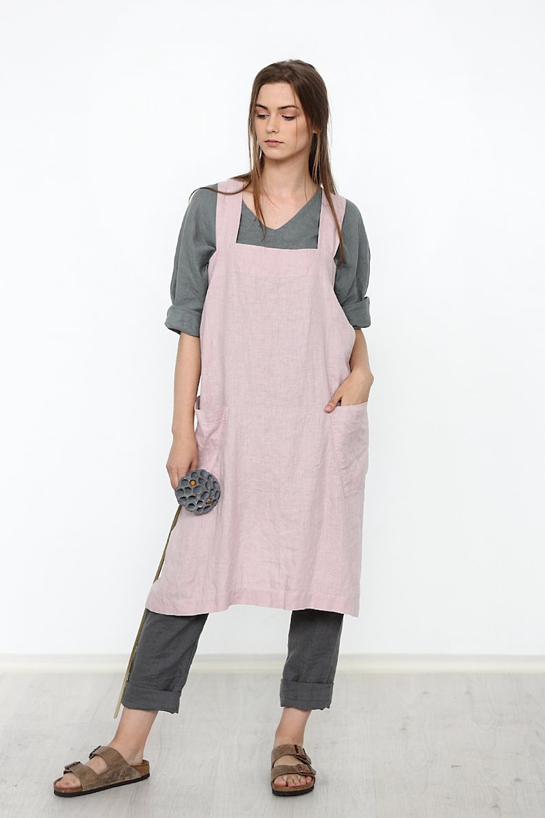 Linen Pinafore apron, Square Cross Linen Apron, Linen tunic apron, Work dress, Japanese Apron, Washed long apron with deep pockets, Linen image 5