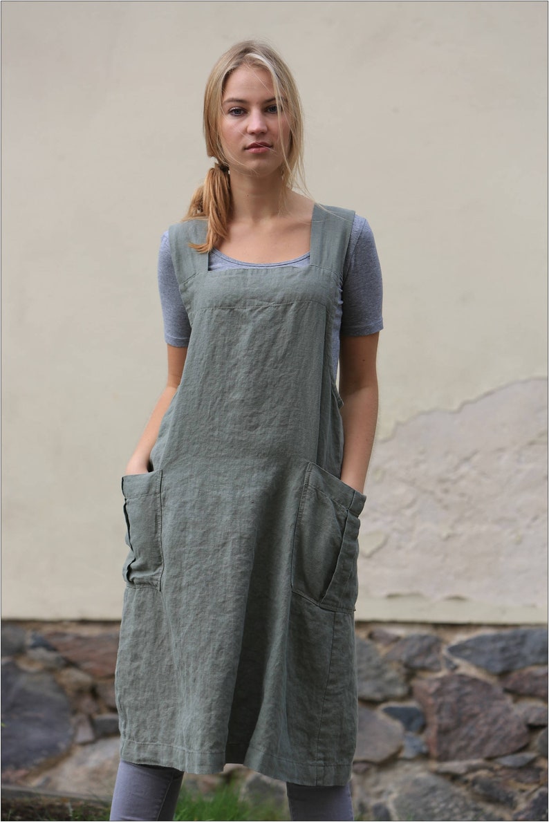 Wrap linen apron Charlotte, Linen pinafore apron, Linen apron with deep pockets image 4