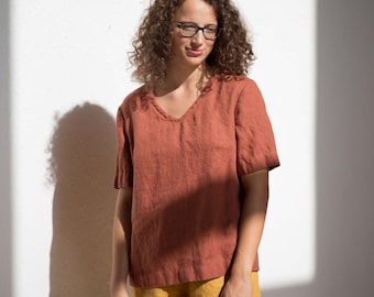 Linen top, Linen blouse, Linen top V-neck, Soft linen top