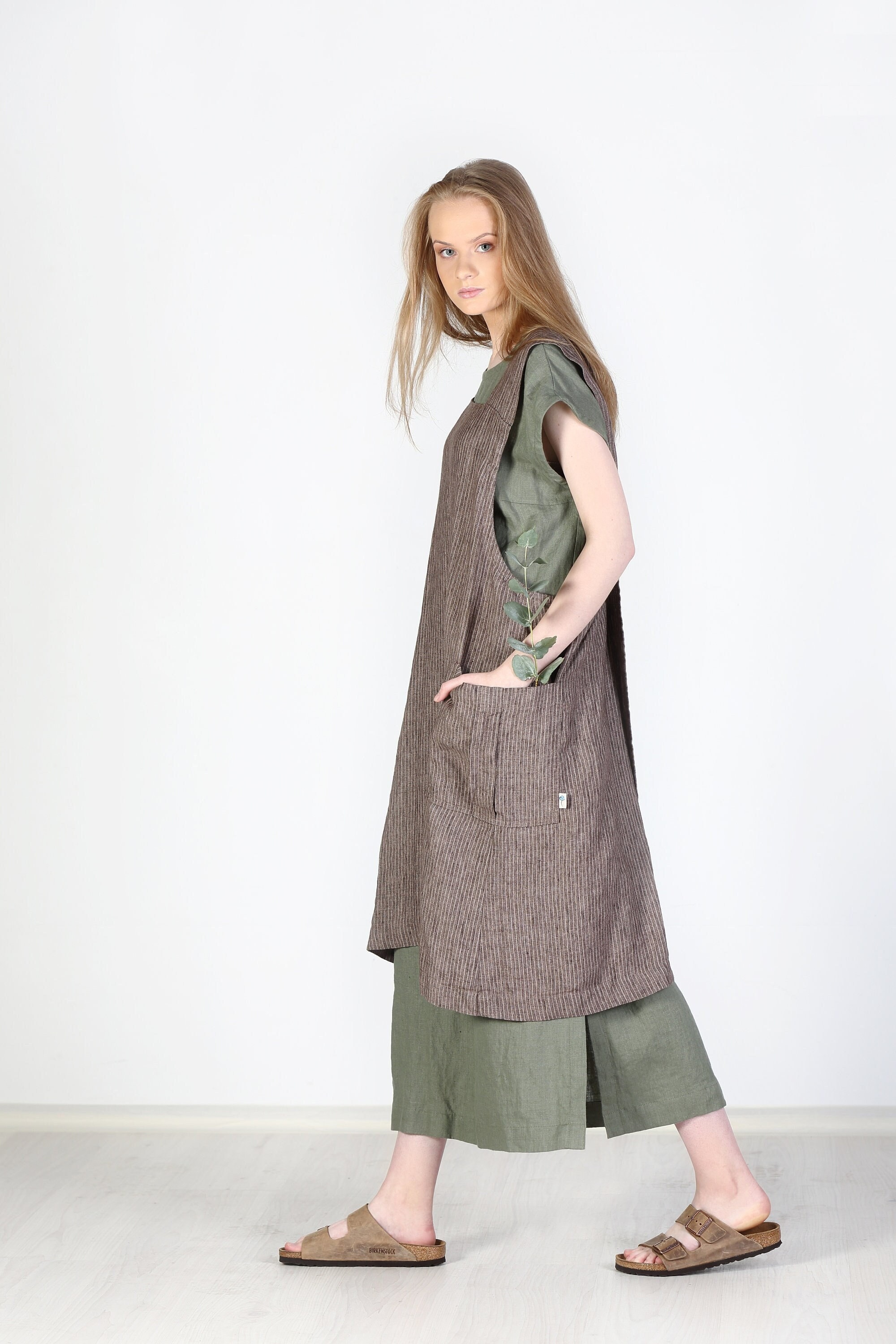 【タグ付き未使用】アッパーハイツ　D.I.Y APRON DRESS　オリーブ Linen Apron Dress, Wrap Linen Dress, Linen Apron, Full Linen