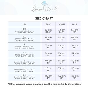 May include: Size chart for clothing with measurements in inches and centimeters. The chart shows bust, waist, and hip measurements for sizes XXS to XXL.