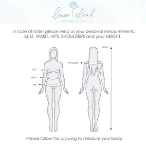 Puede incluir: Ilustraci&oacute;n de dibujo de l&iacute;nea que muestra c&oacute;mo medir el busto, la cintura, las caderas, los hombros y la altura. La ilustraci&oacute;n muestra a una persona de pie con las medidas marcadas en su cuerpo.