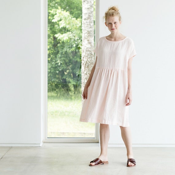chinese dress ladies Pink Polka Dot Festive Smock Linen Dress – allthebeautifullinen