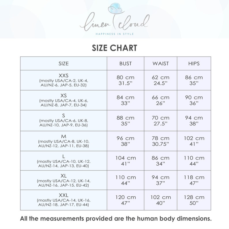 May include: A size chart from Linen Cloud, with bust, waist, and hip measurements in inches and centimeters. Sizes range from XXS to XXL, with corresponding measurements like 31.5" bust (80 cm) and 35" hips (86 cm). The chart includes international sizing.