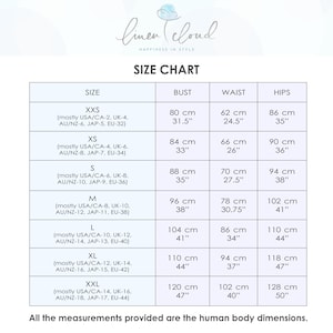 May include: Size chart for clothing with measurements in inches and centimeters. The chart shows bust, waist, and hip measurements for sizes XXS to XXL.
