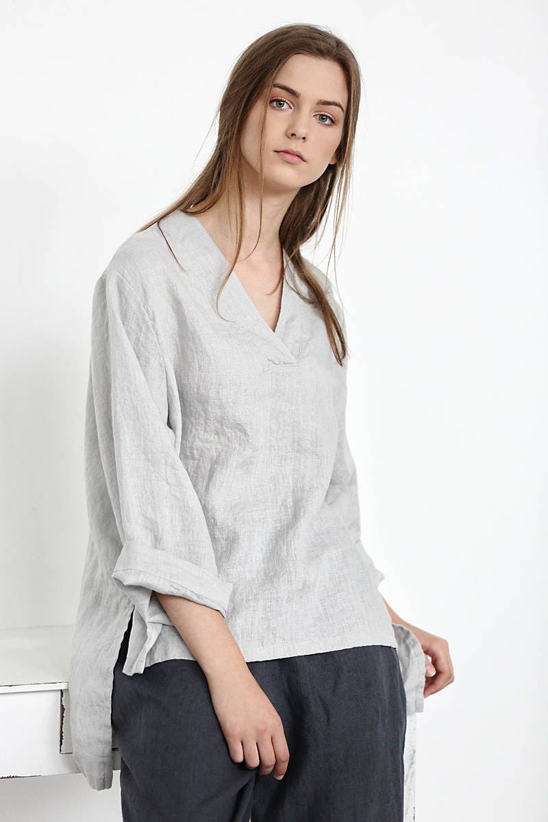 Natural linen top / Linen shirt in V neck / Washed linen | Etsy