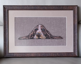 Embroidered picture Basset Hound/ Embroidered Framed Picture / Embroidered Dog / Basset Hound