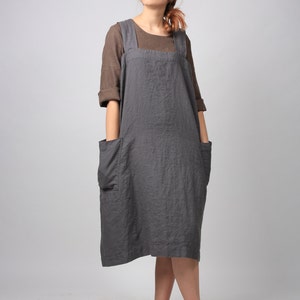 Linen Pinafore apron, Square Cross Linen Apron, Linen tunic apron, Work dress, Japanese Apron, Washed long apron with deep pockets, Linen image 2