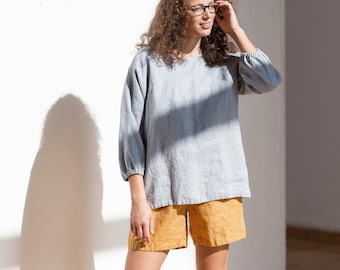Linen shorts Delilah / Comfortable linen shorts with elastic waist and side pockets