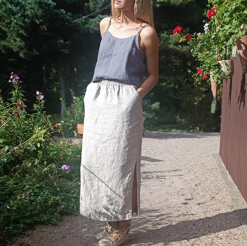 Linen skirt, Maxi linen skirt with slits and pockets, Side split linen skirt, Side slit maxi linen skirt image 2