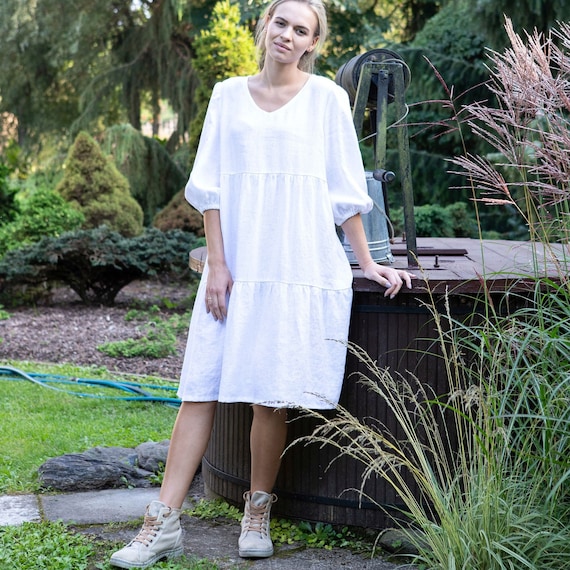 Tiered Linen Dress, Linen puff sleeve Dress, Linen dress Tiered Linen Dress, Linen puff sleeve Dress, Linen dress