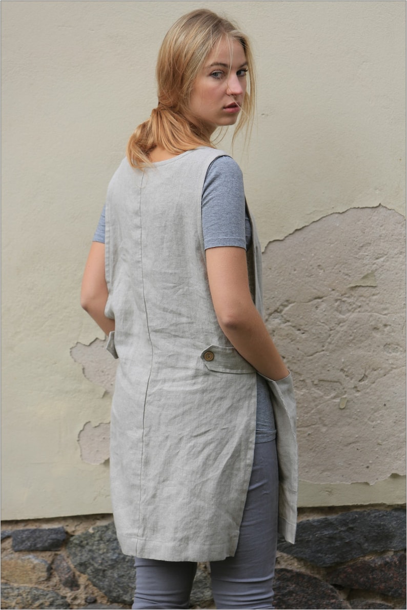 Linen apron dress, Linen work dress with pockets, Linen tunic image 5