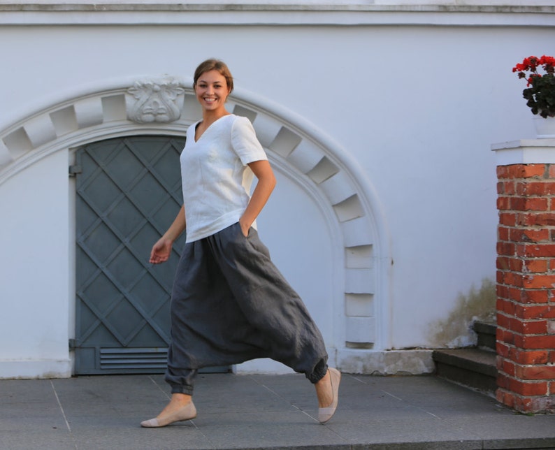 Linen pants / Linen harem pants / Loose linen trousers / Linen pants with elastic waist and pocket image 1