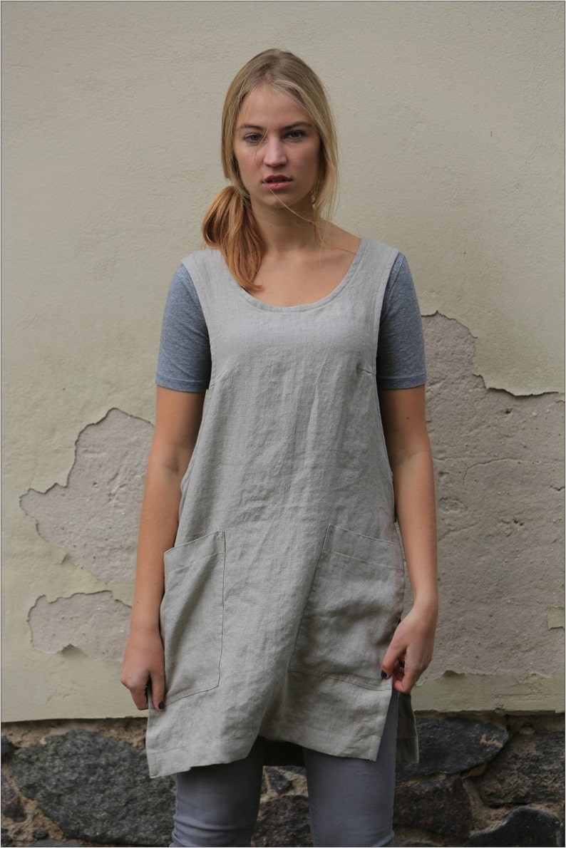 Linen apron dress, Linen work dress with pockets, Linen tunic image 6